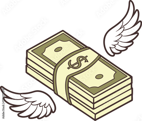Vector art of a stack of us dollar bills with wings, symbolizing money flying away