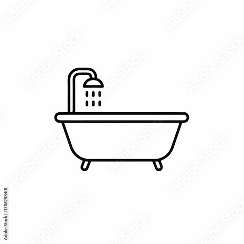Simple line drawing of a bathtub with a shower head spraying water.