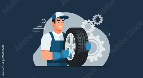 Smiling Mechanic Holds Wheel Illustrating Car Servicing Concepts And Vehicle Maintenance