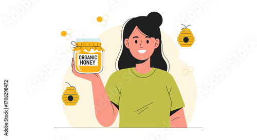 Smiling Person Presenting a Jar of Organic Honey in a Delightful Illustration