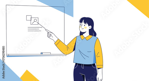Smiling Presenter Pointing At A Whiteboard With An Illustrated Presentation Concept