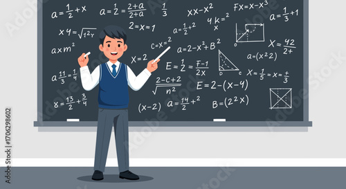 Smiling Teacher Explaining Complex Math Equations With Blackboard Background
