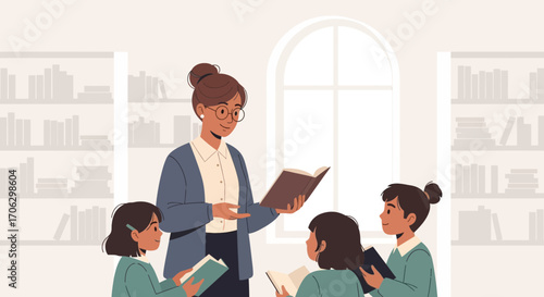 Teacher Reading Aloud To Students In A Light Filled Room With Bookshelves