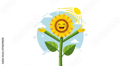 Smiling Sunflower with Open Arms Embracing Sunlight In A Cheerful Sunny Day