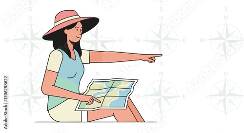 Smiling Traveler Examining a Map and Gesturing Towards a Destination