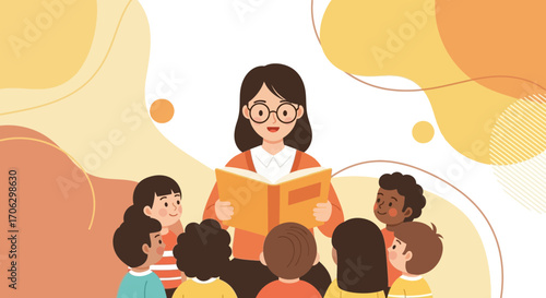 Teacher Reading Storybook to Group of Children with Energetic Atmosphere and Learning