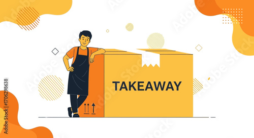 Smiling Waiter Leaning Against a Takeaway Box, Illustrating Fast Food Delivery Concept