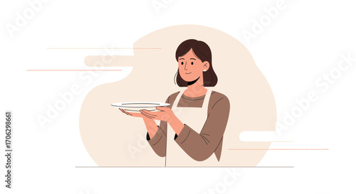 Smiling Waitress Holding Empty Plate Ready To Server And Present Delicious Food