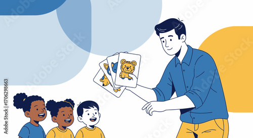 Teacher Showing Animal Flashcards To Enthusiastic Pupils In A Classroom Illustration