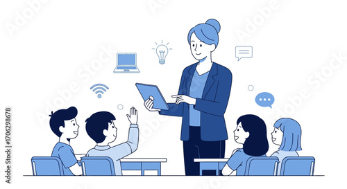 Teacher Using Digital Tablet To Teach Students In Classroom Illustration Of Education