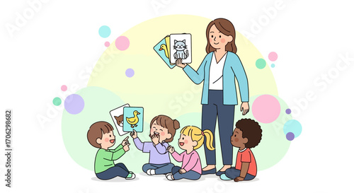 Teacher Shows Flashcards To A Group Of Children, Illustration Of Childhood Education