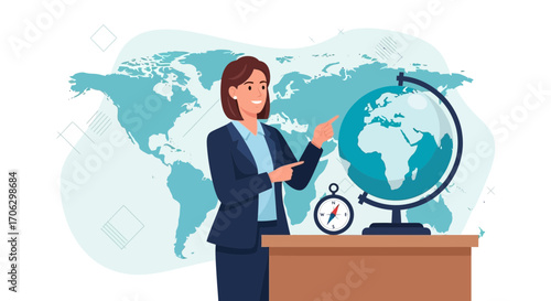 Teacher Showing Globe, Compass Near, Presentation Illustration, World Map Background, Education