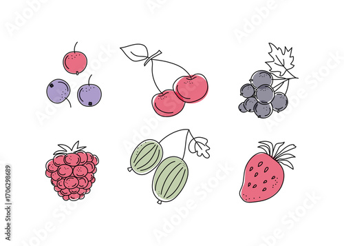 Set of abstract berries. Harvest, ingredients for drinks, juice, smoothie. Line icons, juicy strawberries, raspberries, gooseberries, cherries, currants, blueberries. Drawing, doodle.