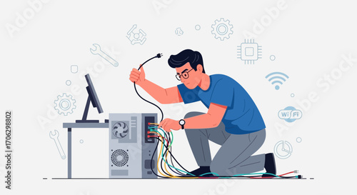 Technician Configuring Components Inside a Personal Computer, Vector Illustration Included