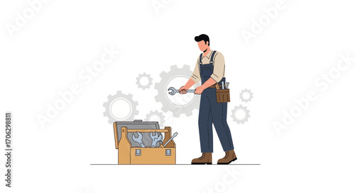 Technician Examining Toolbox While Holding Wrench, Illustrating Industry And Repairing