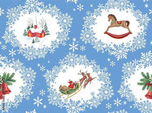 Christmas fir tree, Santa Claus with deer, church, red bells, mistletoe, rocking horse in the snowflake wreath seamless pattern. Holiday decoration wallpaper.