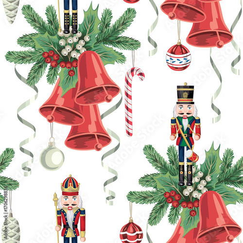 Christmas fir branch, nutcracker, red bells, ball, serpentine, candy cane, mistletoe seamless pattern. Winter holiday wallpaper.	