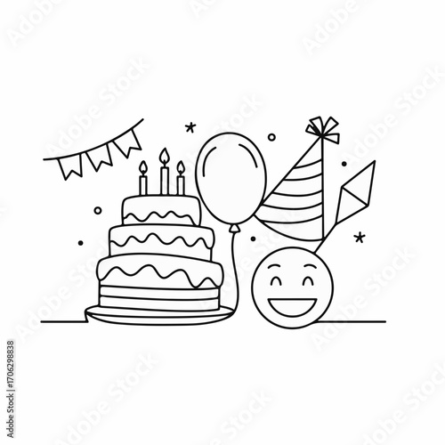 Joyful birthday celebration with a tiered cake, balloon, party hat, and cheerful emoji.