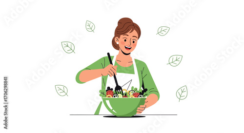 Smiling Woman Preparing Healthy Salad In Kitchen, Recipe For Fresh Eating
