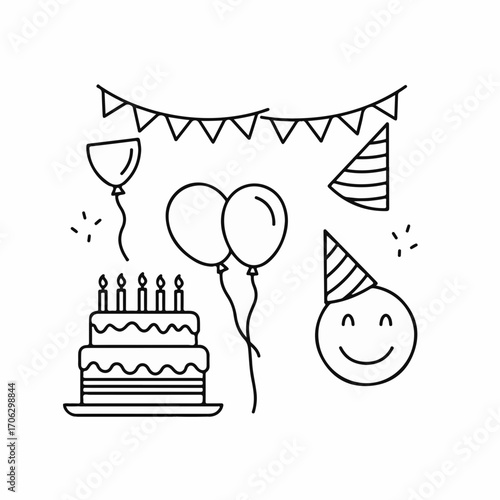 Festive birthday celebration elements with cake, balloons, and party hats