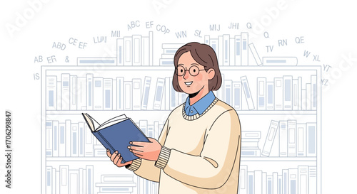Smiling Woman In Glasses Reads A Book In Front Of A Bookshelf Depicting Literacy And Learning