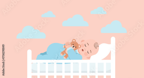 Tender Dreaming: A Cherubic Infant Embracing Toy Teddy In Peaceful Slumber