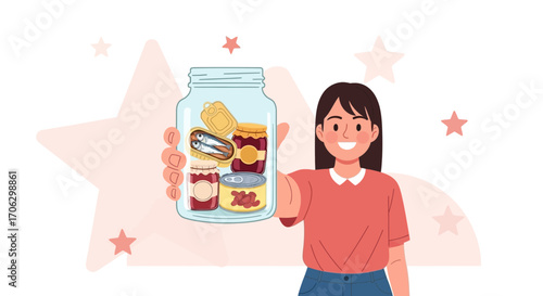 Smiling Woman Presenting Assortment Of Preserved Food Items In A Generous Glass Jar