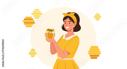 Smiling Woman Presenting Jar Of Honey And Symbolizing Natural Sweetness and Health