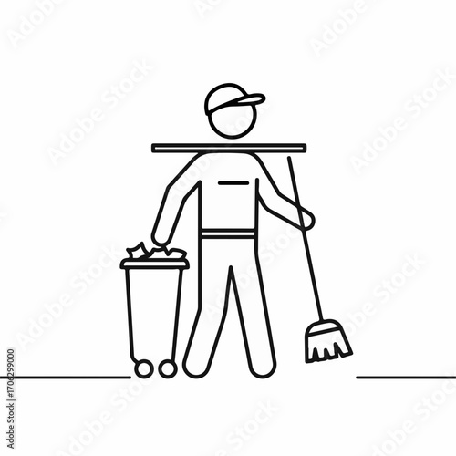Janitor with broom and trash bin, representing cleaning and maintenance services
