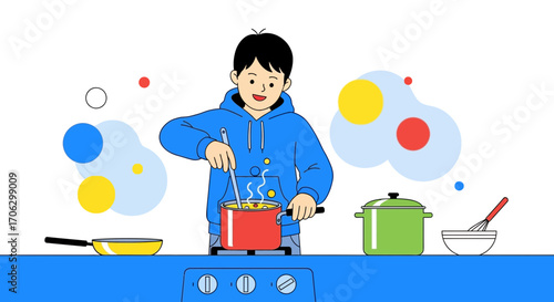 Smiling Young Person Cooking On Stove In Bright Kitchen Illustration
