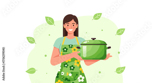 Smiling Young Woman Holds Green Pot Illustration About Healthy Food and Cooking