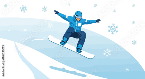 Snowboarder Performs Aerial Maneuver Amid Falling Snowflakes In A Wintery Setting
