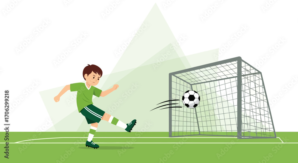 Fototapeta premium Soccer Player Kicks The Ball with Goal In Sight Achieving Sports Success Illustration