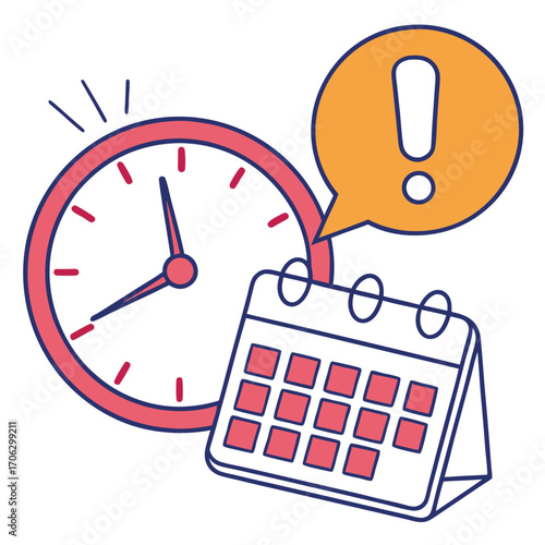 Vector art of clock and calendar with exclamation mark in speech bubble, symbolizing time management, deadlines, and important dates