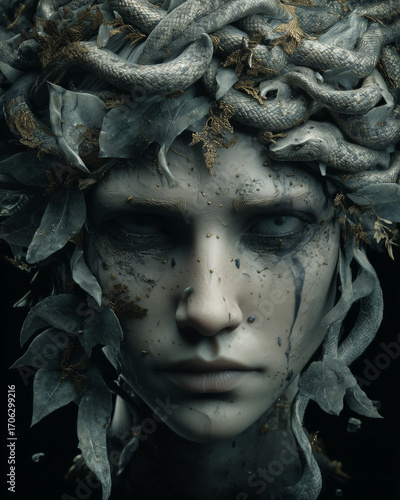 A hauntingly beautiful and tragic portrait of Medusa with stone-like features.
