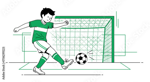 Soccer Player Kicks Ball Towards Goal In Dynamic Illustration Of Athlete Action