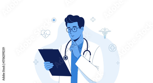 Thoughtful Doctor Analyzing Medical Report, Medical Illustration Concept Design
