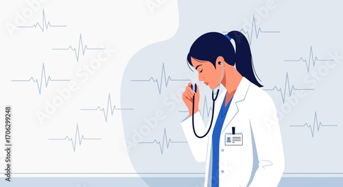 Thoughtful Female Doctor Auscultating Patient's Heart, Listening To Cardiograph Readings Carefully