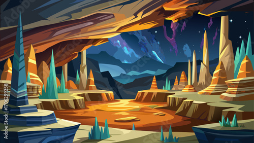 Carlsbad Caverns National Park, New Mexico, USA, unveils colossal limestone chambers filled with shimmering stalactites beneath desert plateaus and a starlit sky.