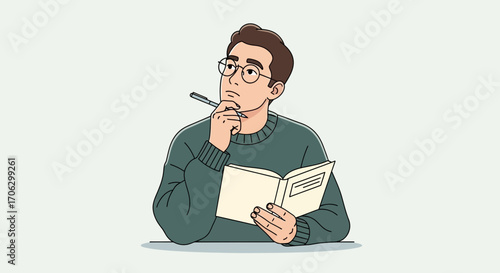 Thoughtful Man Brainstorming Ideas Thinking About His Next Step In Book And Glasses