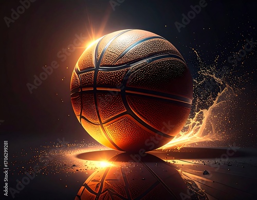 Basketball glows on dark court
