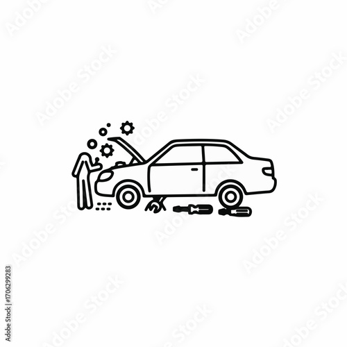 Mechanic working on car engine with tools and gears in a simple line art style.