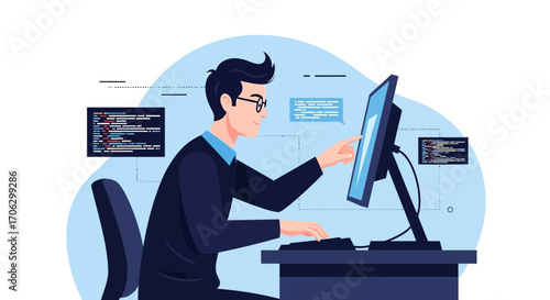Software Engineer Working on Code and Interacting Digitally with a Touchscreen Monitor