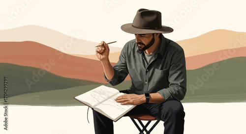 Thoughtful Man Sketches Landscape Thoughts In His Notebook, Amidst The Background