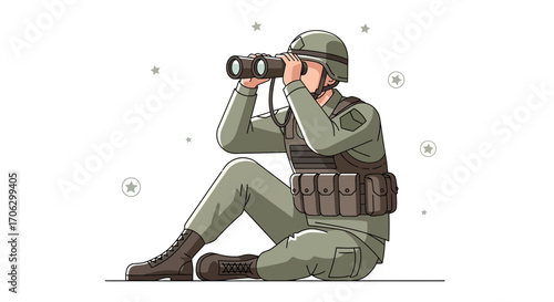 Soldier Observing Through Binoculars, Depicting Vigilance, Preparedness, And Surveillance