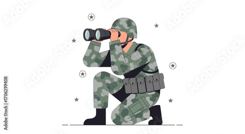 Soldier Observing With Binoculars On White, Vector Illustration Of Military Personnel