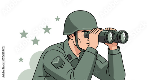 Soldier Observing With Binoculars Under Starry Sky: Surveillance And Intelligence