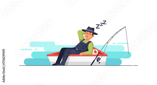 Tired Fisherman Taking A Nap On His Boat, Fishing Rod Nearby, Concept Of Relaxation