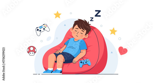Tired Gamer Dozing Off On A Beanbag After Hours Of Gaming Fun And Exhaustion
