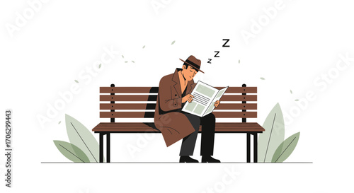 Tired Reader Napping Peacefully on a Bench With Newspaper in a Park Setting